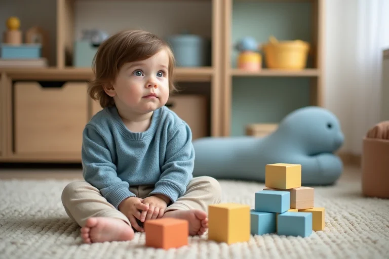 Garçon de 3 ans assis sur un tapis de jeu avec blocs en bois colorés