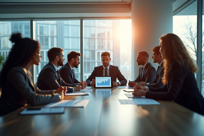 Groupe de dirigeants analysant des données sur une tablette moderne
