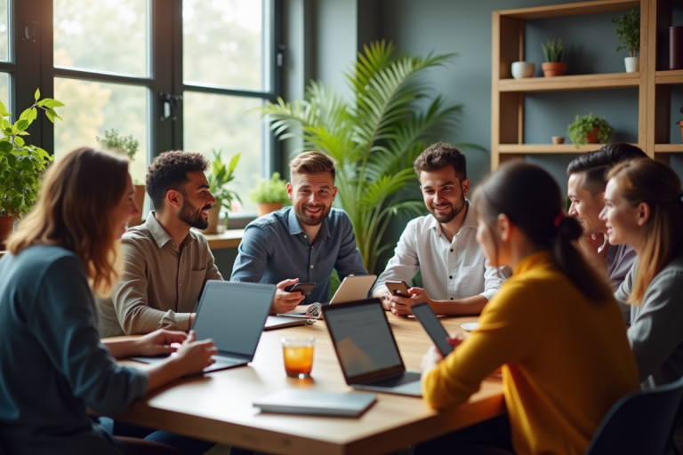 Groupe de personnes discutant en ligne dans un espace moderne