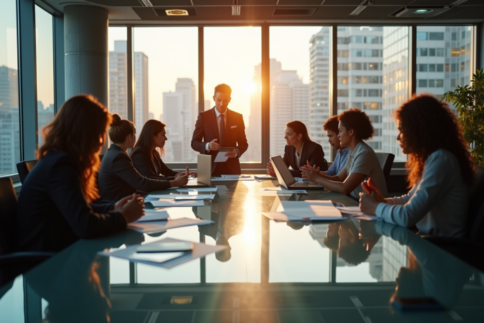 Groupe de professionnels en réunion dans un bureau moderne