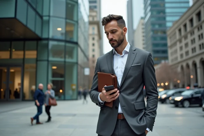 Homme d'affaires en costume gris consultant son smartphone devant un immeuble de bureaux moderne en ville