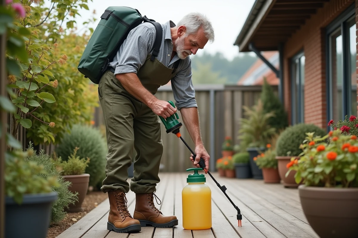 Homme en overalls versant antimousse dans un pulvérisateur