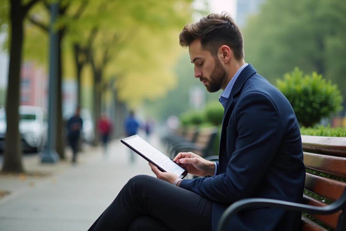 Homme d affaires travaillant sur tablette en parc