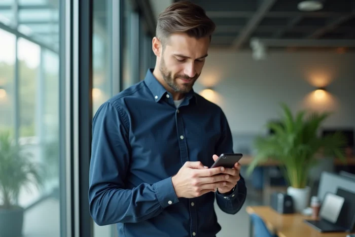 Homme consultant un fil de messages MMS sur son téléphone dans un espace de coworking