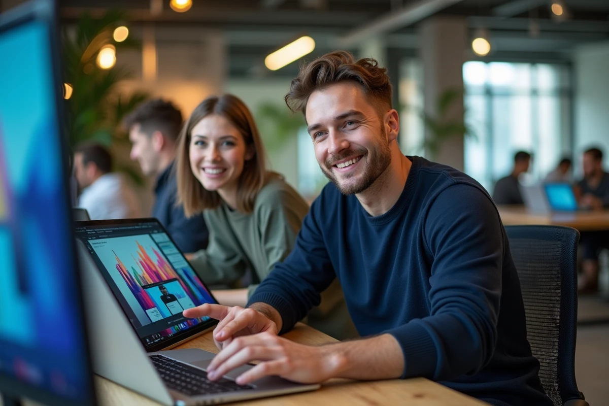 Homme aidant un collègue avec un design web sur une tablette