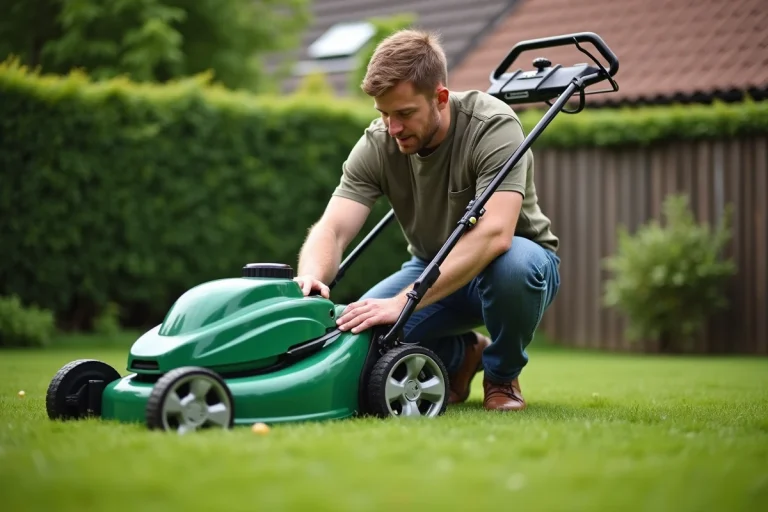 Homme d'âge moyen examinant un moteur de pelouse vert dans son jardin