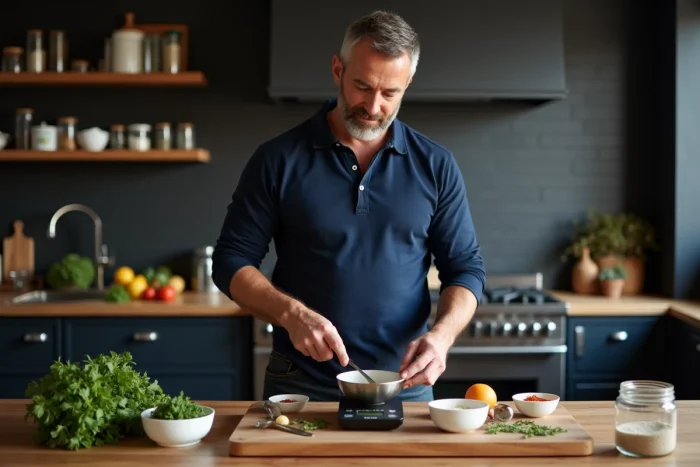 Homme qui prépare une recette avec une balance de précision et une mise en place dans une cuisine bien équipée