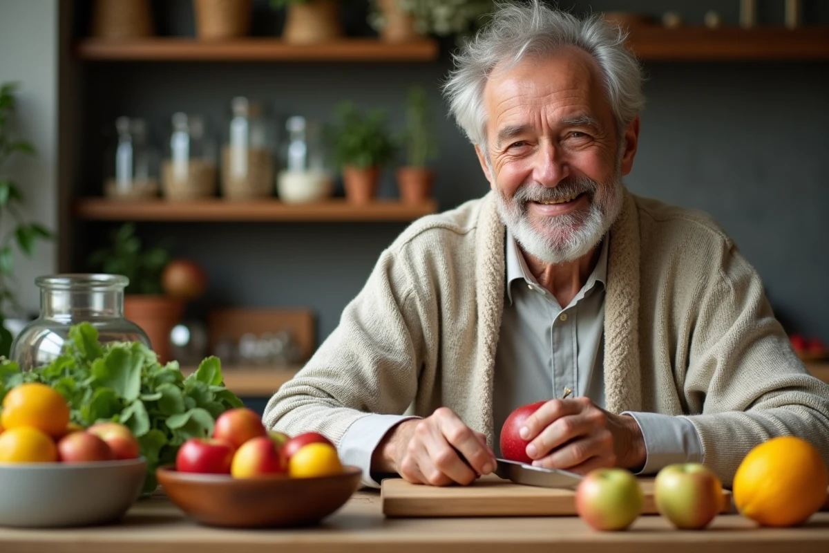 Homme âgé préparant un smoothie aux fruits dans la cuisine