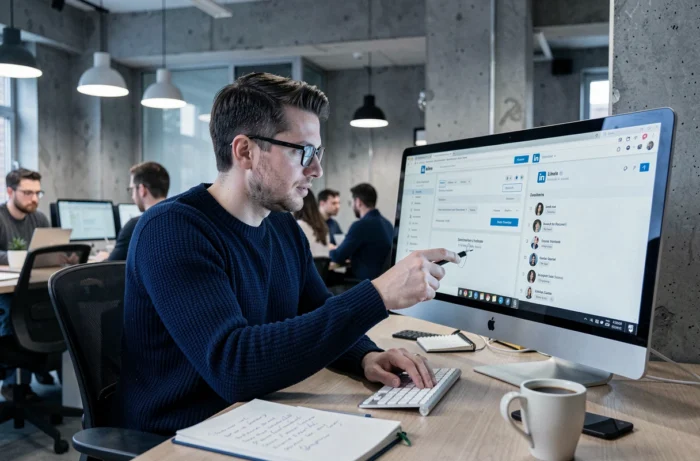 Homme consultant son profil LinkedIn dans un espace de coworking pour optimiser sa recherche d'emploi en ligne