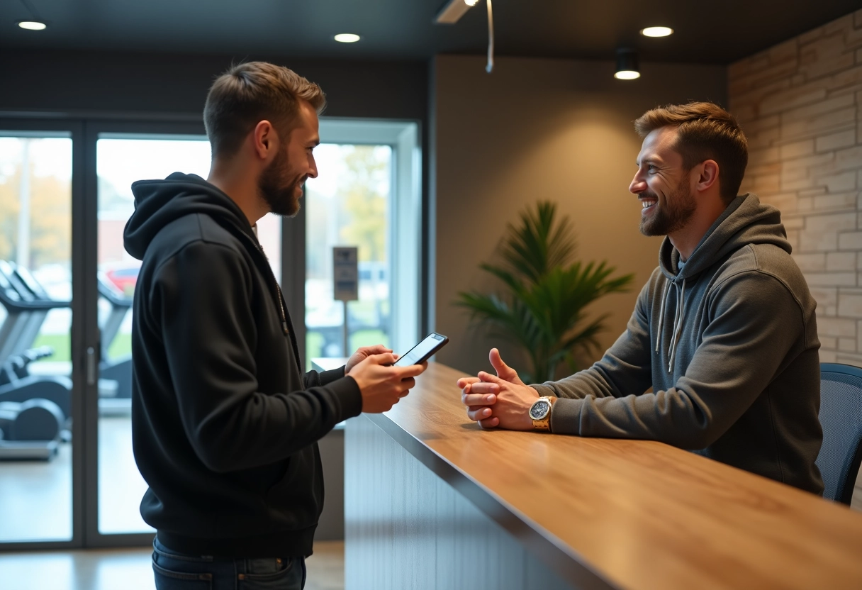 Homme parlant avec la reception dans un club de fitness
