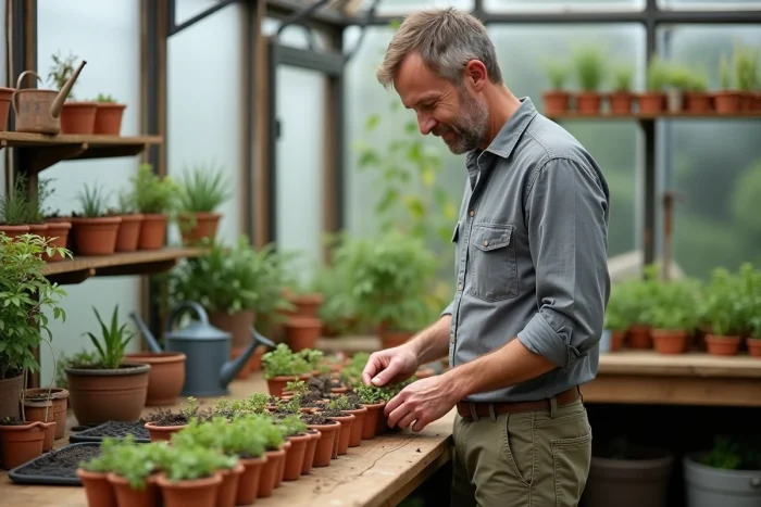 Homme rempotant des semis dans une serre en verre avec des pots en terre cuite et des outils de jardinage vintage
