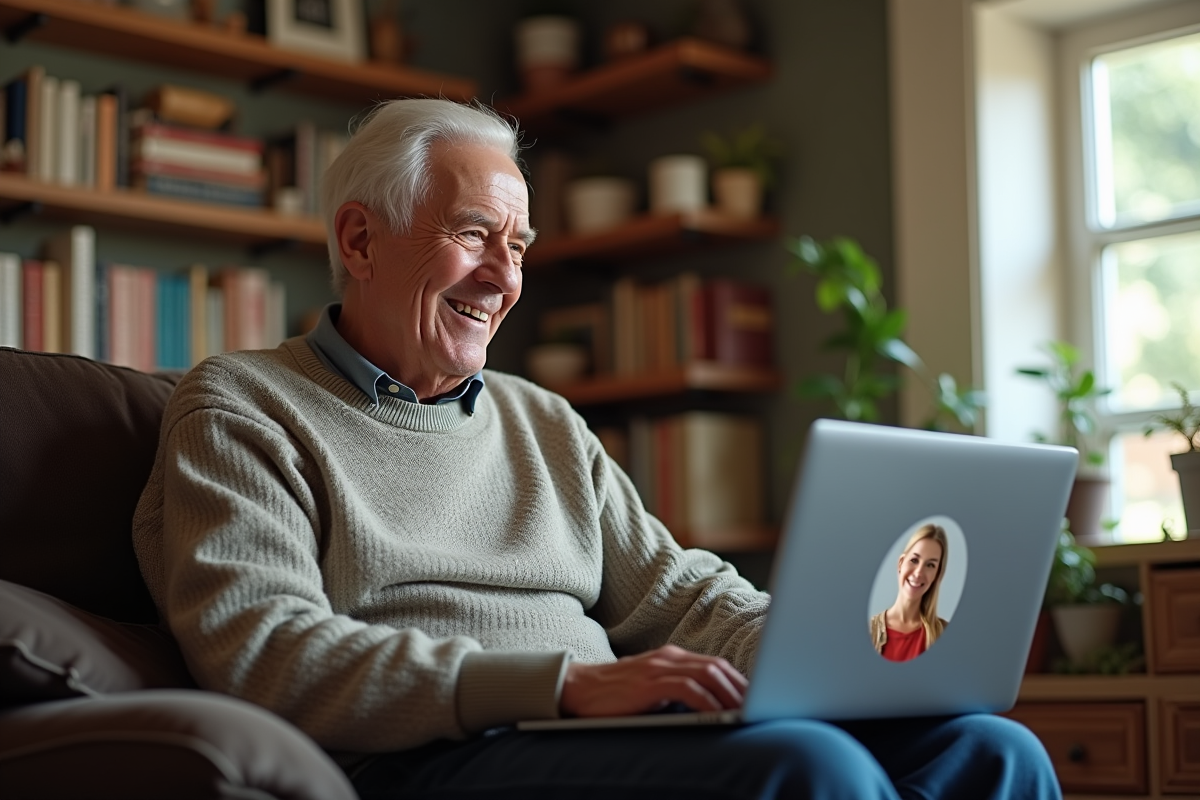Homme âgé en vidéoconférence avec conseiller bancaire