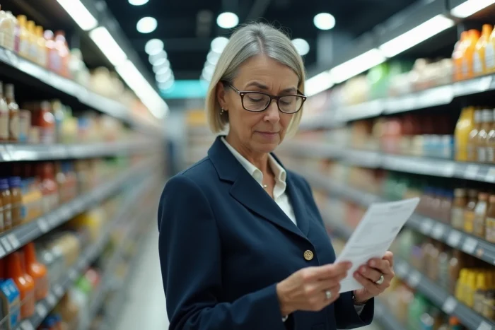 Femme consultant son ticket de caisse dans un supermarché en France, illustrant l'impact de l'inflation sur le pouvoir d'achat des ménages en 2026