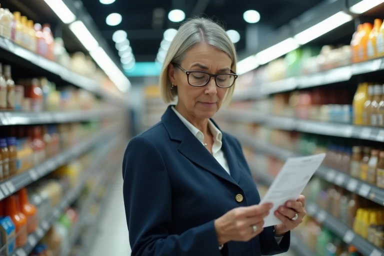 Femme consultant son ticket de caisse dans un supermarché en France, illustrant l'impact de l'inflation sur le pouvoir d'achat des ménages en 2026
