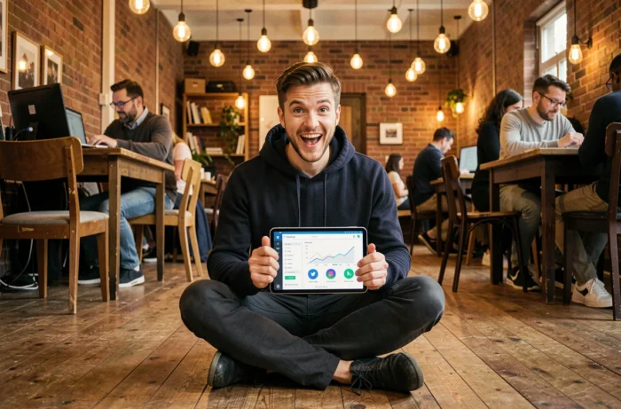 Jeune homme dans un espace de coworking explorant les innovations et tendances du web sur une tablette