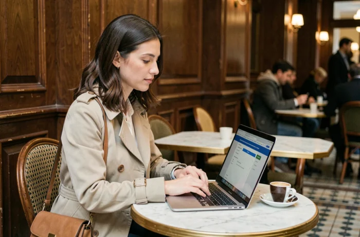 Jeune femme se connectant à son compte IntraParis nomade depuis un café parisien avec son ordinateur portable