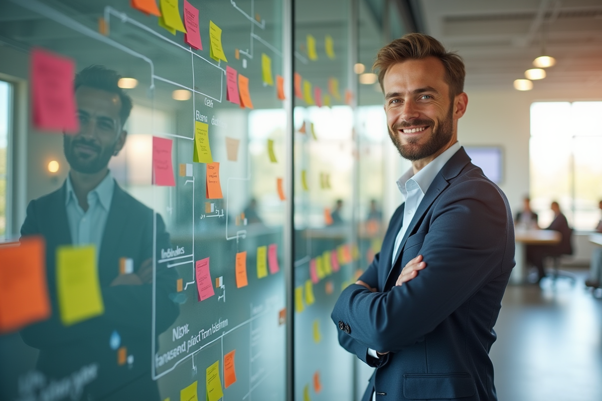 Jeune CEO devant un mur de notes et diagrammes de travail