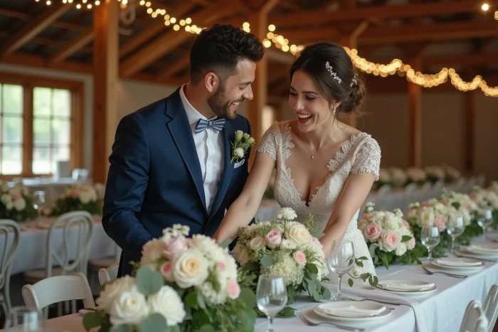 Jeune couple riant lors de la décoration de mariage rustique