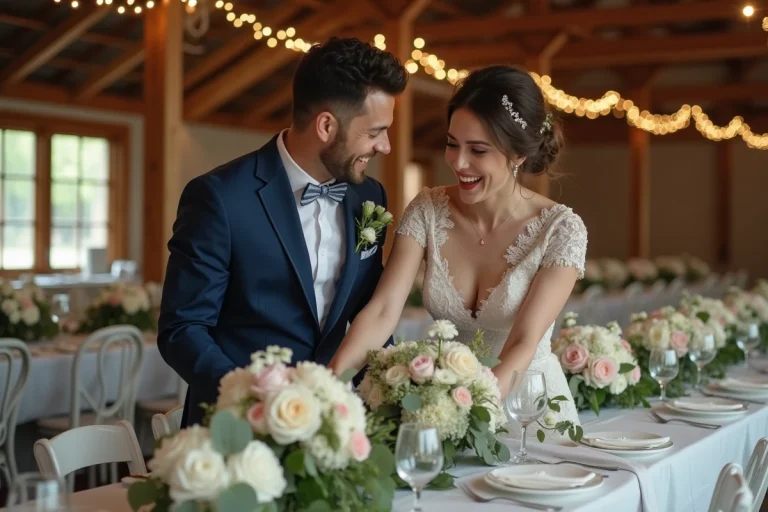 Jeune couple riant lors de la décoration de mariage rustique