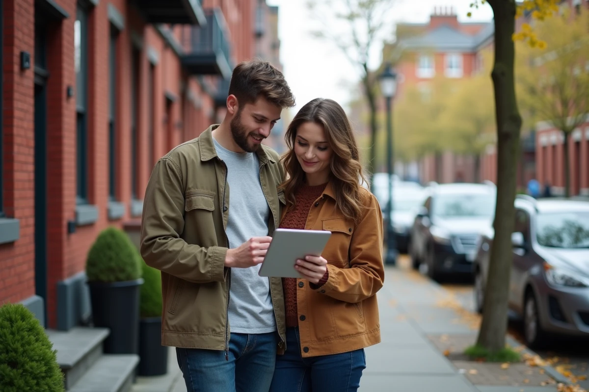 Jeune couple consulte des annonces immobilières dehors