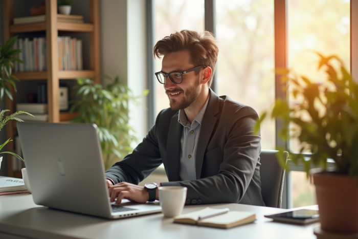 Jeune entrepreneur confiant dans un bureau moderne lumineux