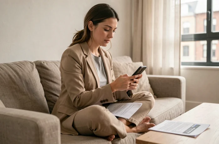 Jeune femme consultant une application de recherche d'emploi sur son smartphone depuis son salon