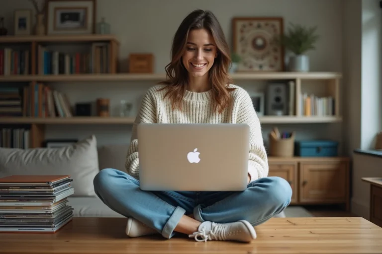 Jeune femme souriante travaillant à son bureau à la maison