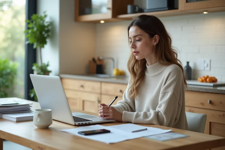 Jeune femme en cuisine avec ordinateur et notes