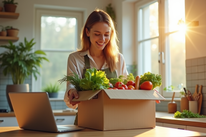 Jeune femme souriante deballant des légumes locaux dans une cuisine lumineuse