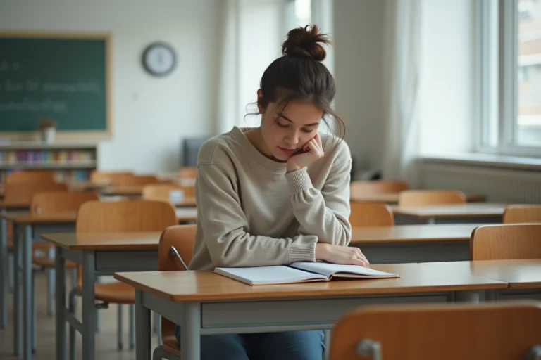 Jeune femme pensant dans une salle de cours moderne