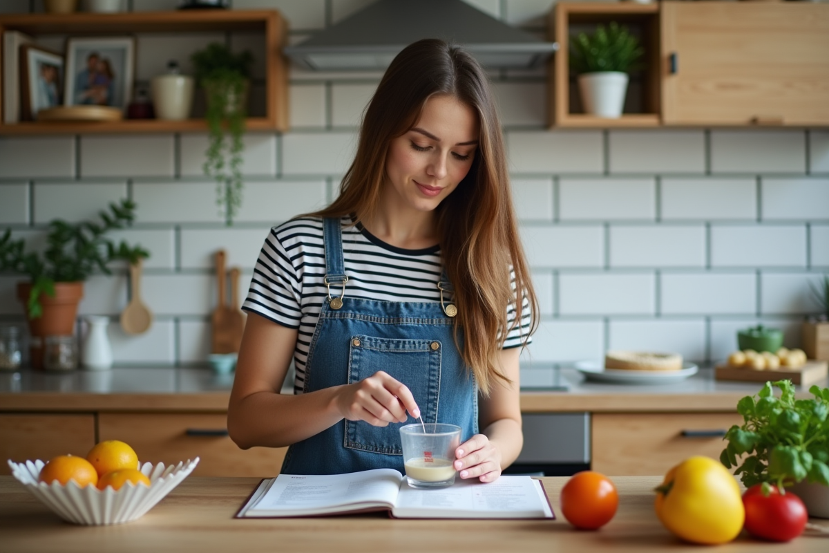 Jeune femme en cuisine mesurant des ingrédients