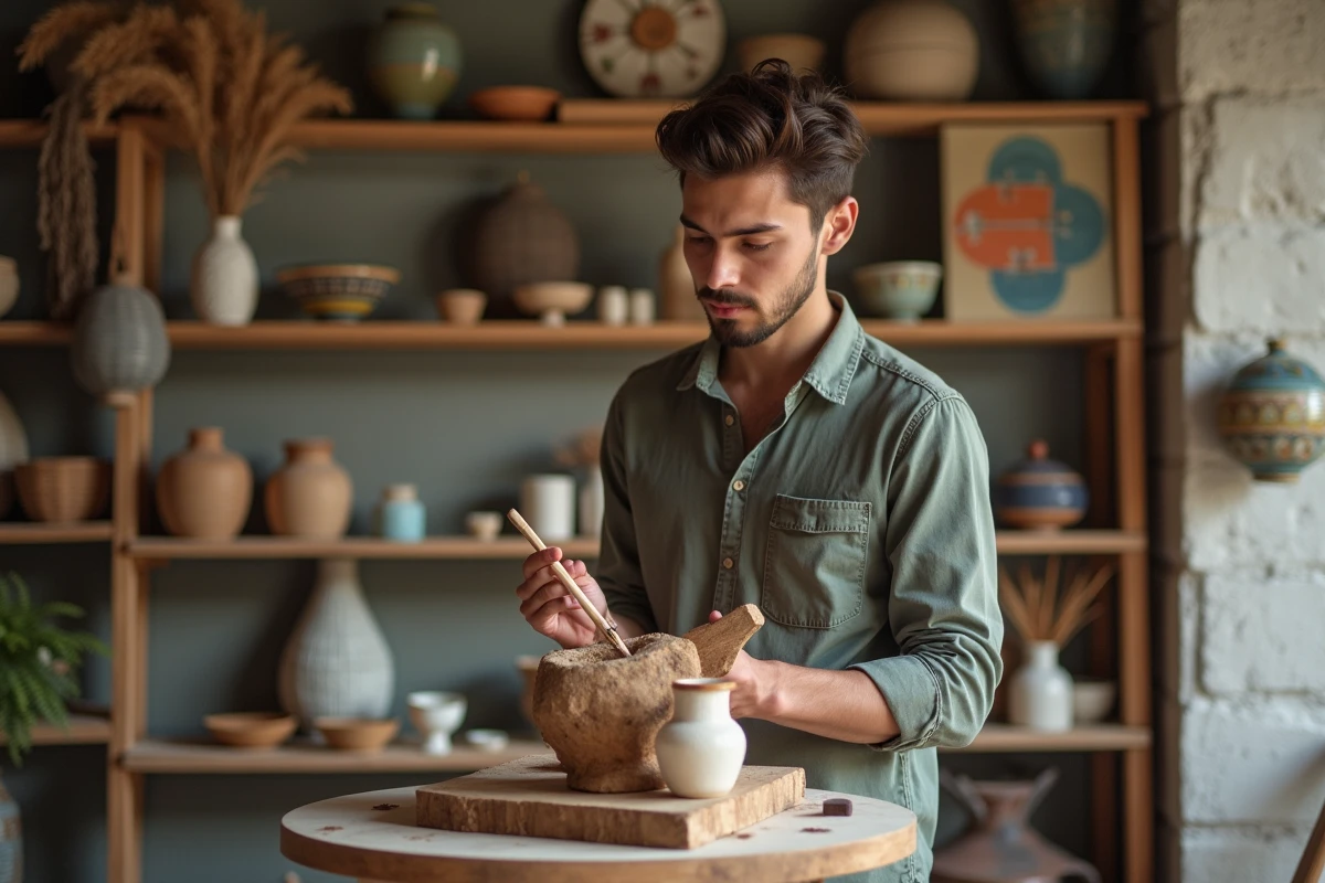 Jeune homme examinant une sculpture en bois dans un atelier