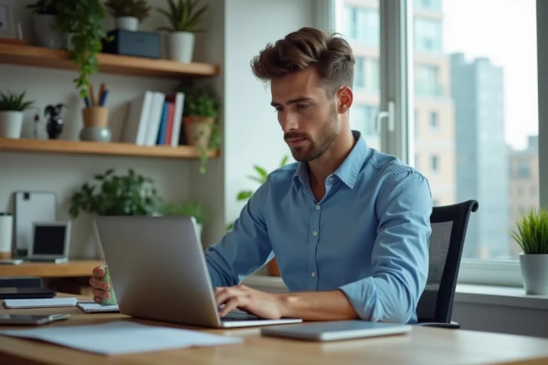 Jeune homme en bureau moderne travaillant sur un ordinateur portable