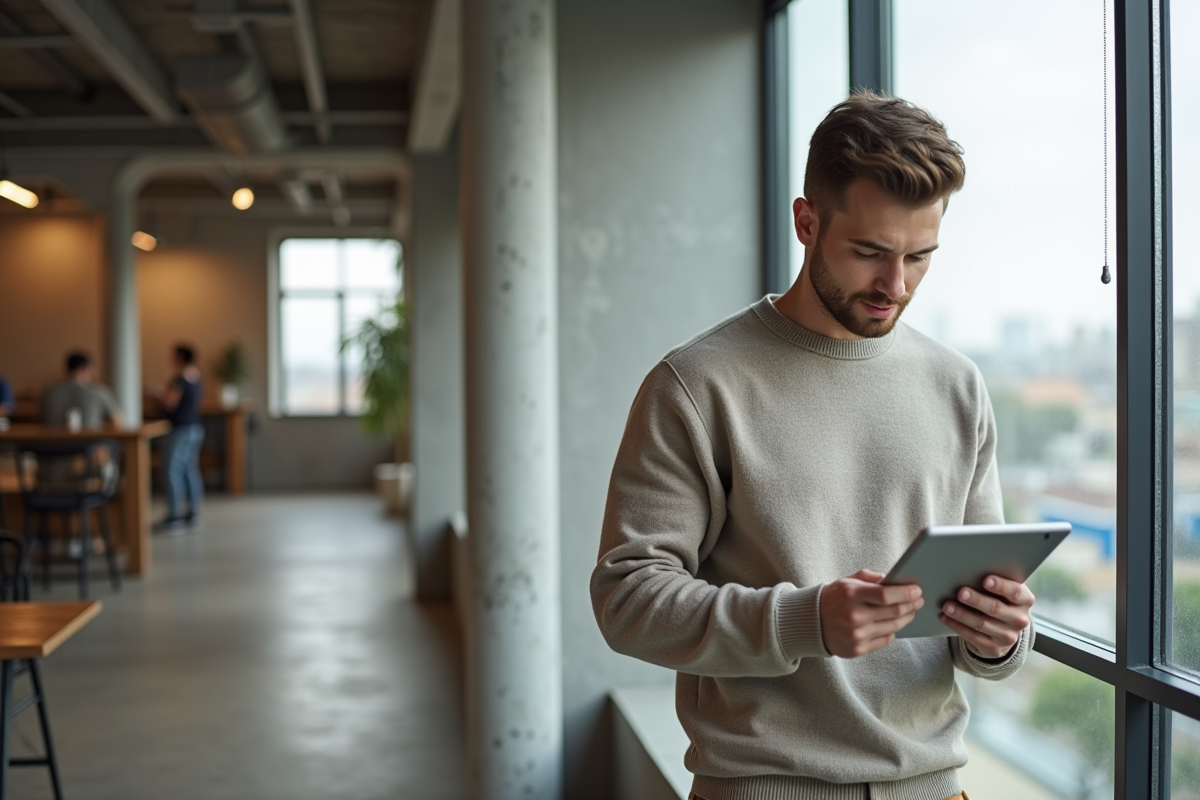 Jeune homme regardant un blog de décoration sur tablette