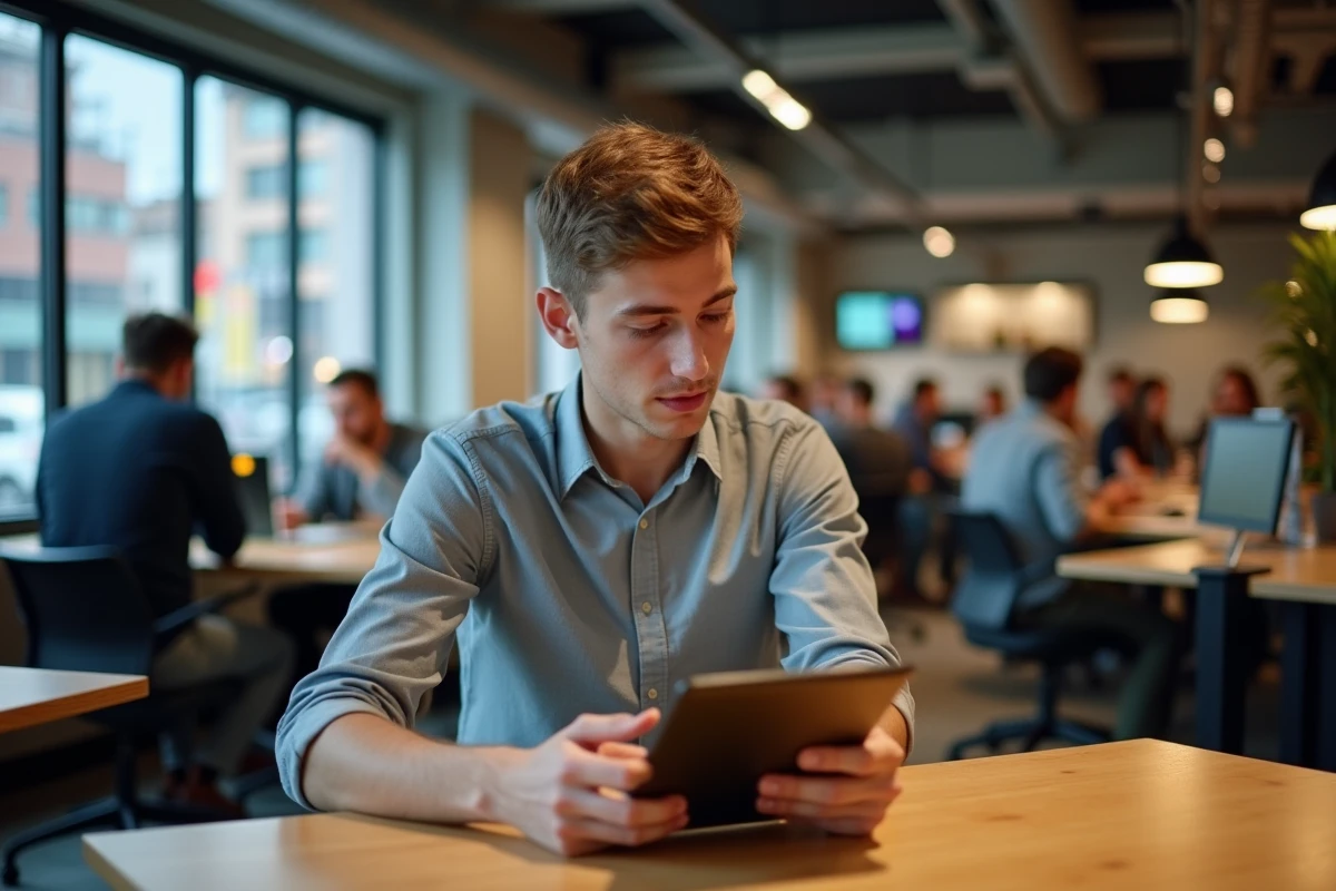Jeune homme utilisant une tablette dans un espace de coworking dynamique