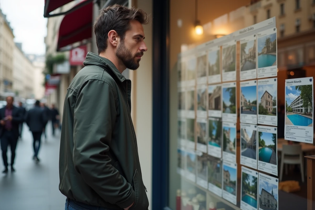 Jeune homme regarde des annonces immobilières dans la rue à Paris