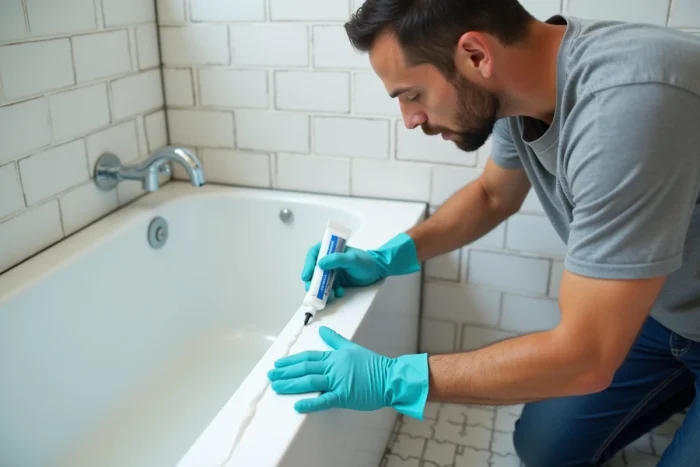 Homme appliquant du silicone anti-moisissures sur les joints d'une baignoire dans une salle de bain carrelée