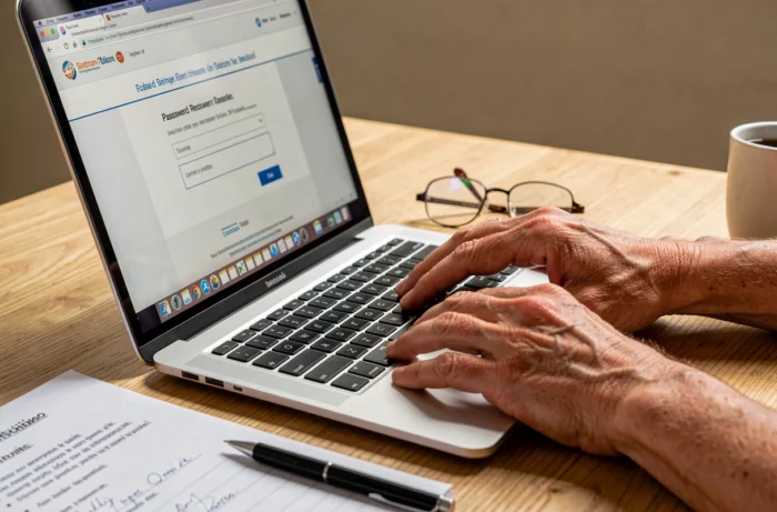 Gros plan de mains de retraité tapant sur un clavier pour récupérer l'accès au guichet unique Orange