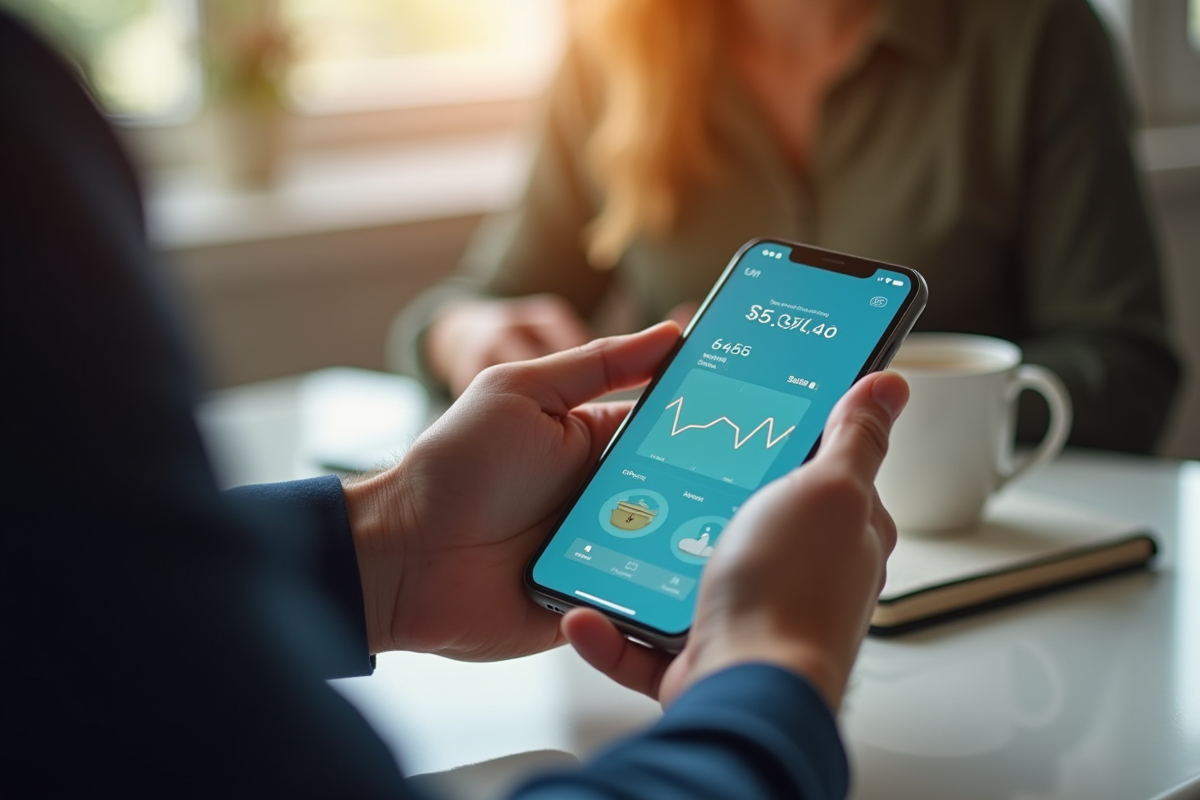 Gros plan de mains tenant un smartphone avec application bancaire