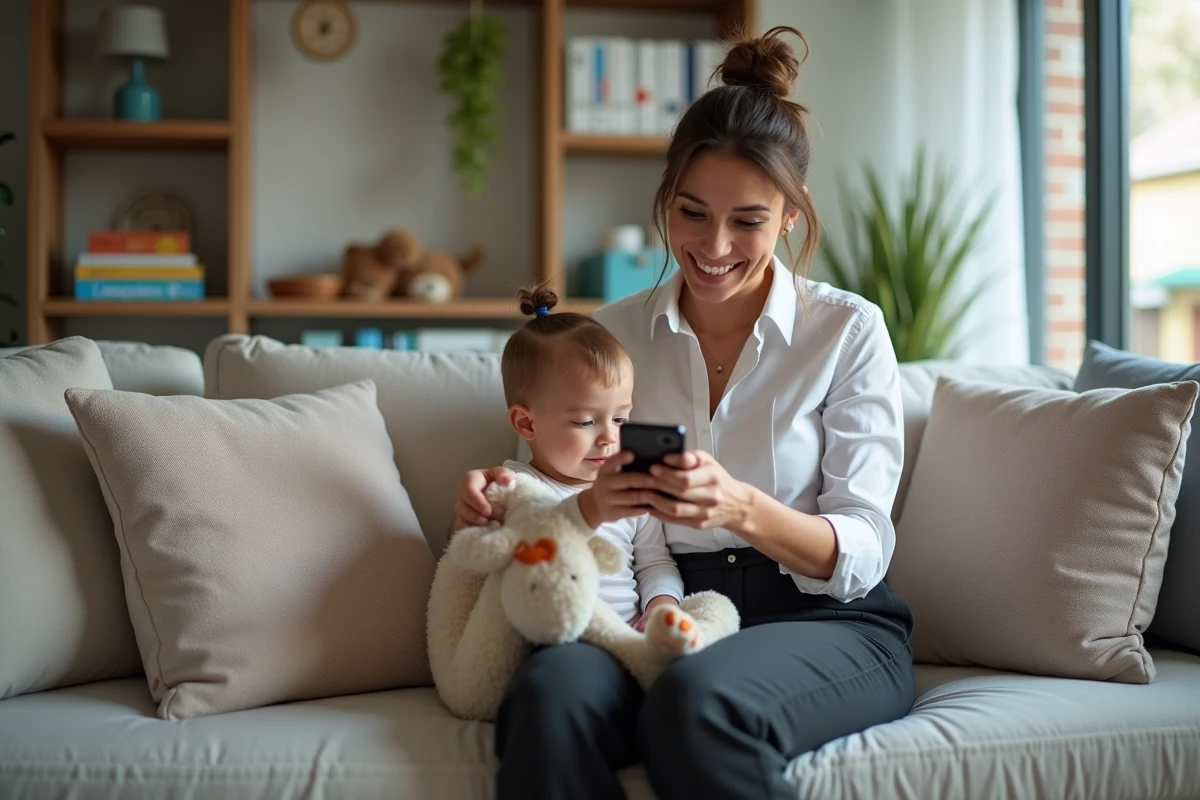 Maman souriante avec son bébé sur le canapé