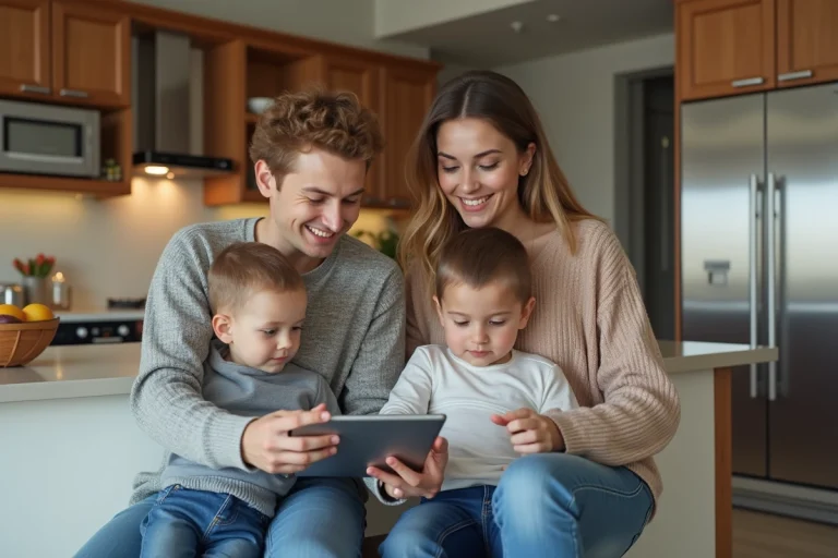 Maman avec enfants utilisant une tablette dans la cuisine