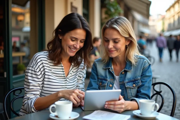 Deux mamans comparant maficheclasse.com et la liste officielle de l'école sur une tablette en terrasse de café pour la rentrée scolaire 2026