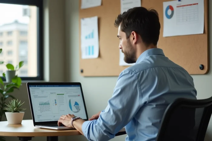 Manager RH travaillant sur un logiciel de gestion DRP et d'allocation des ressources humaines