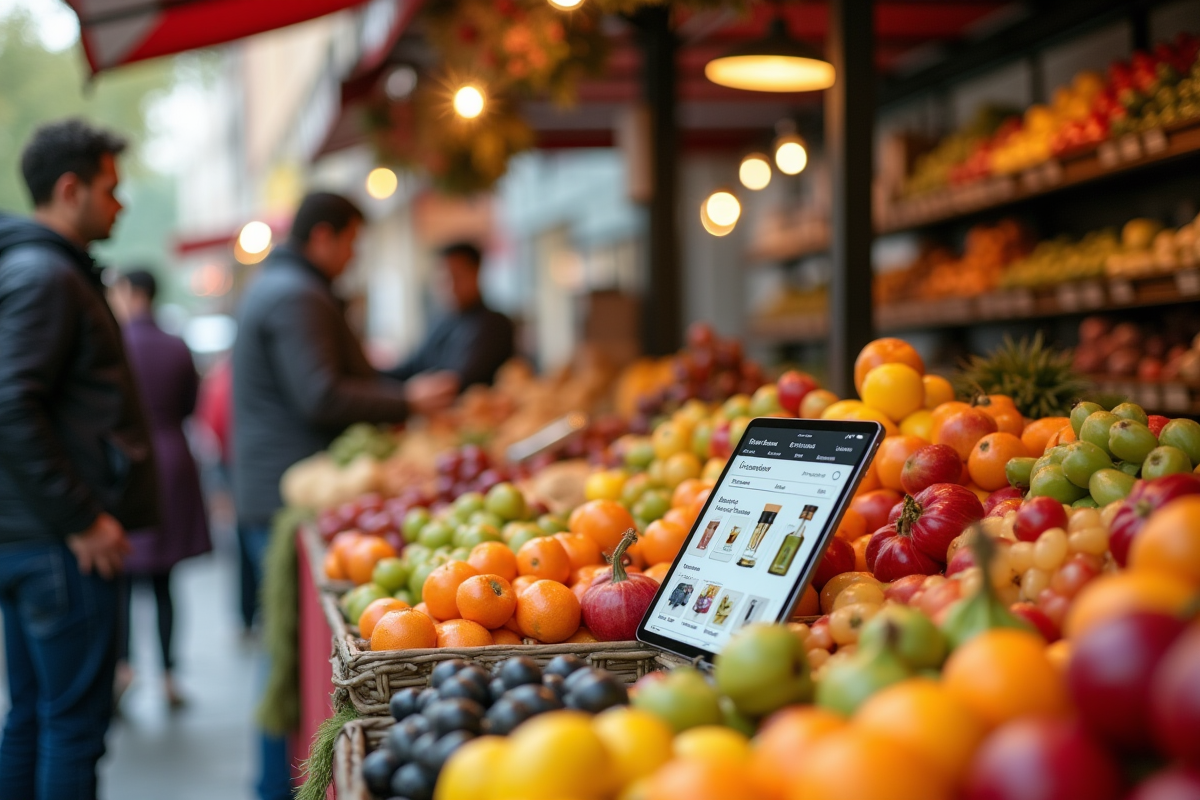 Stand de marché avec produits locaux et tablette pour vente en ligne