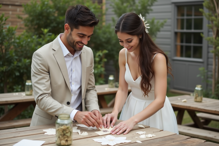 Jeune couple décorant une table rustique pour mariage