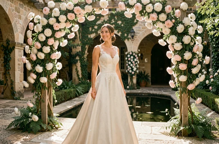 Mariée en robe ivoire dans un jardin provençal fleuri de pivoines blanches et roses pour un mariage de rêve
