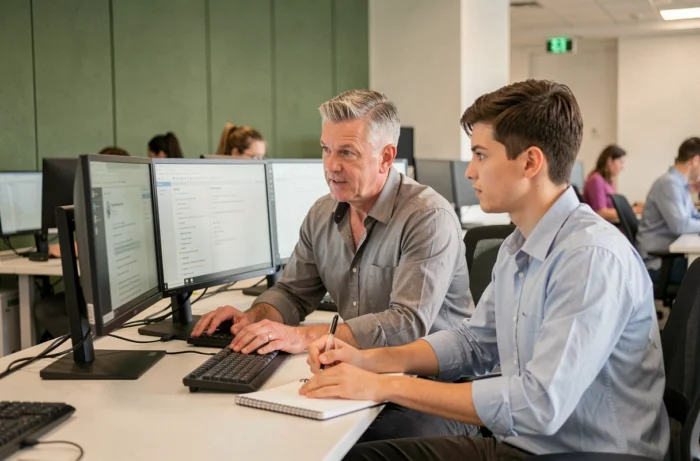 Mentor expérimenté guidant un jeune employé devant un écran d'ordinateur dans un bureau en open space