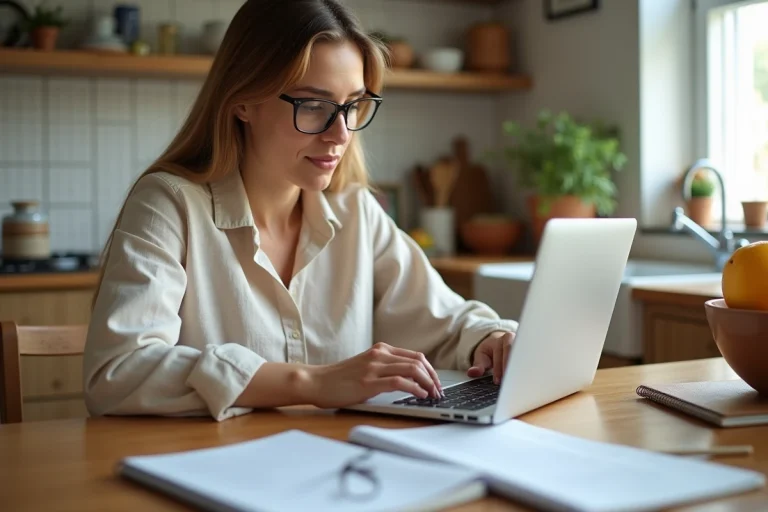 Mère de famille comparant la liste scolaire imprimée et le site maficheclasse.com sur son ordinateur portable à la cuisine avant la rentrée 2026