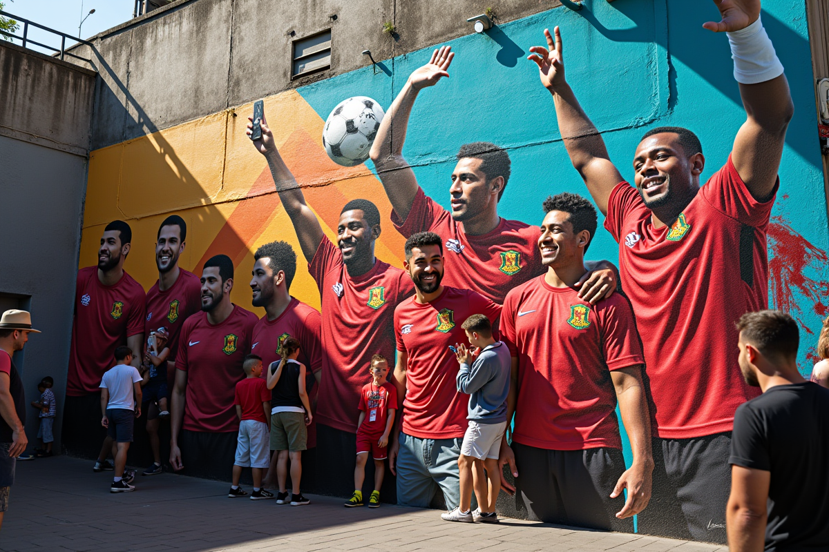 Murale de football dans la rue avec fans enthousiastes