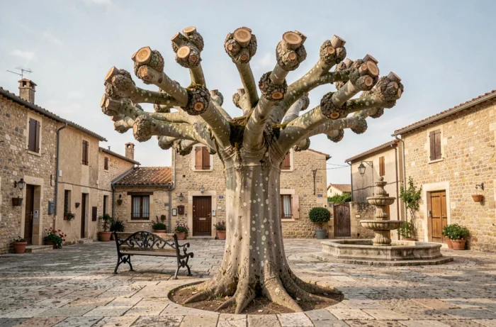 Mûrier platane taillé en têtard dans une place de village provençal, montrant le résultat d'une taille traditionnelle réussie
